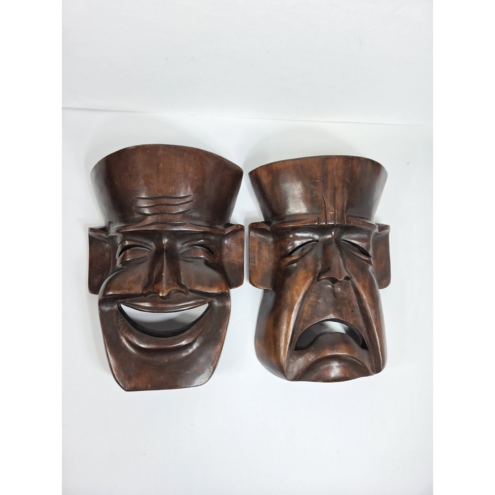VINTAGE 60s Hand Carved Wood Tiki Masks Comedy & Tragedy Pair